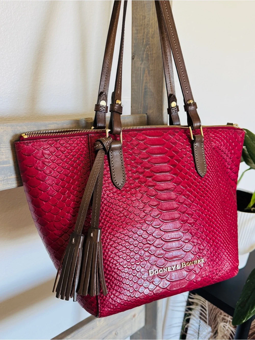 Dooney & Bourke Python Embossed Leather Tassel Tote Raspberry Brown Large - Picture 2 of 15